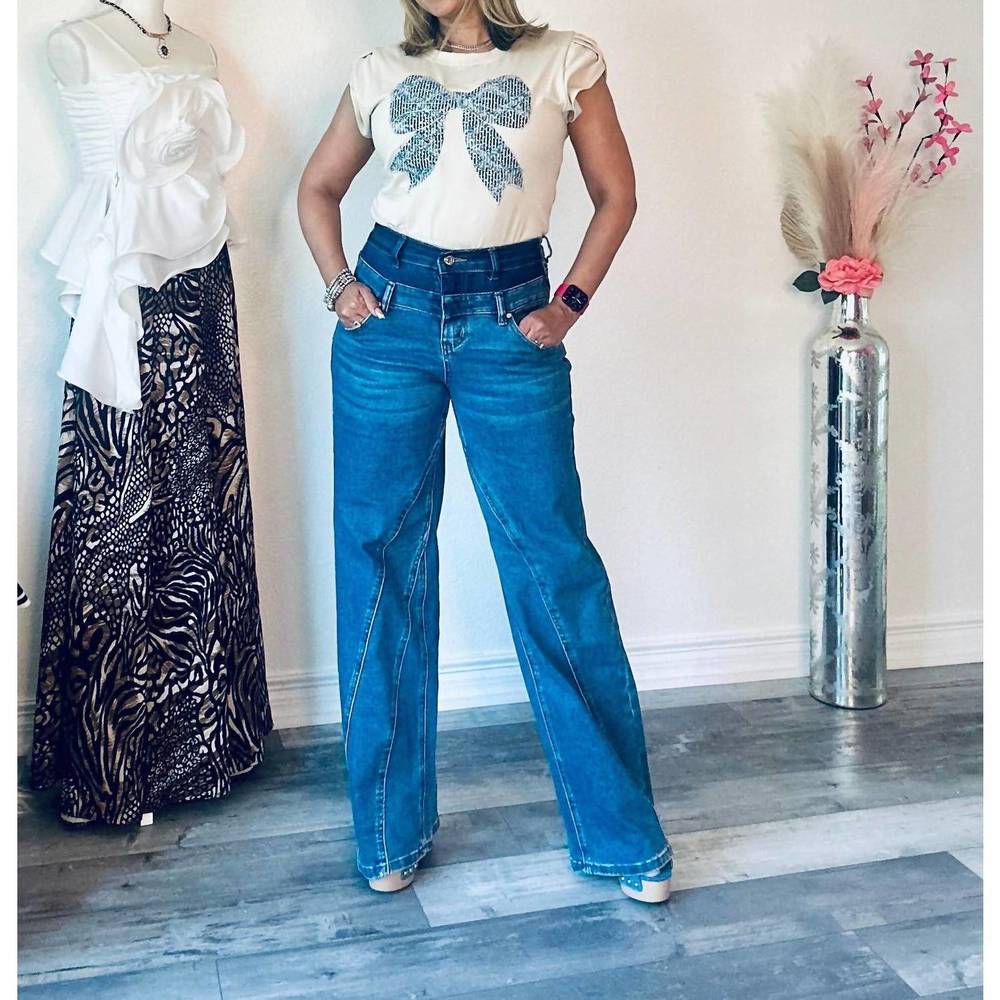 NEW MUY MUY FANCY denim two tone waistband pants in blue